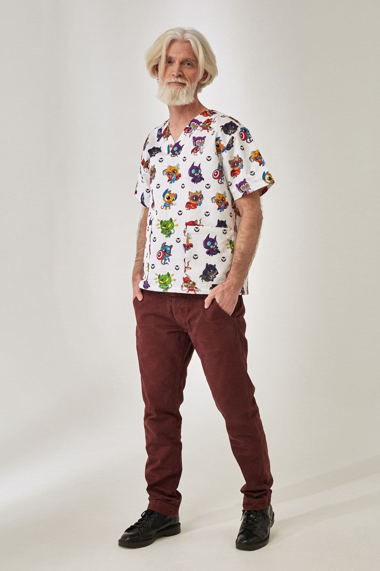 Медицинская рубашка Принт Рубашка Хлопок Рубашка Котик белый